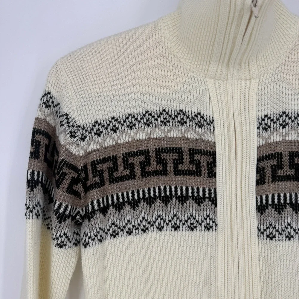 Vintage St Johns Bay Mens Full Zip Cardigan Sweater Cream Greek Key Fair Isle L